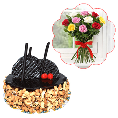 "Choco Nuts Cake - 1kg ,10 Mixed Roses bouquet - Click here to View more details about this Product